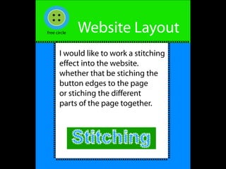 Website Layout
I would like to work a stitching
effect into the website.
whether that be stiching the
button edges to the page
or stiching the different
parts of the page together.
 
