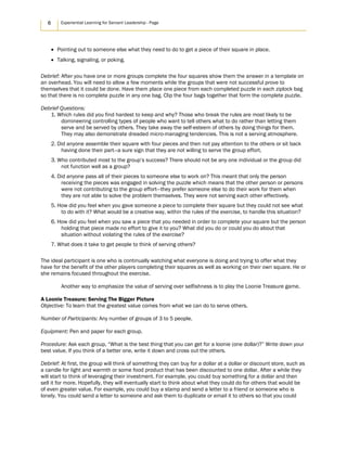 6 Experiential Learning for Servant Leadership - Page
• Pointing out to someone else what they need to do to get a piece of their square in place.
• Talking, signaling, or poking.
Debrief: After you have one or more groups complete the four squares show them the answer in a template on
an overhead. You will need to allow a few moments while the groups that were not successful prove to
themselves that it could be done. Have them place one piece from each completed puzzle in each ziplock bag
so that there is no complete puzzle in any one bag. Clip the four bags together that form the complete puzzle.
Debrief Questions:
1. Which rules did you find hardest to keep and why? Those who break the rules are most likely to be
domineering controlling types of people who want to tell others what to do rather than letting them
serve and be served by others. They take away the self-esteem of others by doing things for them.
They may also demonstrate dreaded micro-managing tendencies. This is not a serving atmosphere.
2. Did anyone assemble their square with four pieces and then not pay attention to the others or sit back
having done their part—a sure sign that they are not willing to serve the group effort.
3. Who contributed most to the group’s success? There should not be any one individual or the group did
not function well as a group?
4. Did anyone pass all of their pieces to someone else to work on? This meant that only the person
receiving the pieces was engaged in solving the puzzle which means that the other person or persons
were not contributing to the group effort—they prefer someone else to do their work for them when
they are not able to solve the problem themselves. They were not serving each other effectively.
5. How did you feel when you gave someone a piece to complete their square but they could not see what
to do with it? What would be a creative way, within the rules of the exercise, to handle this situation?
6. How did you feel when you saw a piece that you needed in order to complete your square but the person
holding that piece made no effort to give it to you? What did you do or could you do about that
situation without violating the rules of the exercise?
7. What does it take to get people to think of serving others?
The ideal participant is one who is continually watching what everyone is doing and trying to offer what they
have for the benefit of the other players completing their squares as well as working on their own square. He or
she remains focused throughout the exercise.
Another way to emphasize the value of serving over selfishness is to play the Loonie Treasure game.
A Loonie Treasure: Serving The Bigger Picture
Objective: To learn that the greatest value comes from what we can do to serve others.
Number of Participants: Any number of groups of 3 to 5 people.
Equipment: Pen and paper for each group.
Procedure: Ask each group, “What is the best thing that you can get for a loonie (one dollar)?” Write down your
best value. If you think of a better one, write it down and cross out the others.
Debrief: At first, the group will think of something they can buy for a dollar at a dollar or discount store, such as
a candle for light and warmth or some food product that has been discounted to one dollar. After a while they
will start to think of leveraging their investment. For example, you could buy something for a dollar and then
sell it for more. Hopefully, they will eventually start to think about what they could do for others that would be
of even greater value. For example, you could buy a stamp and send a letter to a friend or someone who is
lonely. You could send a letter to someone and ask them to duplicate or email it to others so that you could
 