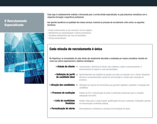 Cada vaga é cuidadosamente avaliada e direcionada para a correta divisão especializada, na qual possuímos consultores com a
respectiva formação e experiência profissional.
Isso garante excelência na qualidade dos nossos serviços, trazendo ao processo de recrutamento, entre outros, os seguintes
benefícios:
» Amplo conhecimento do seu mercado e do seu negócio;
» Atendimento por especialização e setores econômicos;
» Completo entendimento das suas necessidades;
» Serviço personalizado.
Compreender a estrutura do cliente, seus objetivos, cultura e posicionamento: O
funcionamento do negócio e suas peculiaridades;
Aprofundamento dos detalhes da posição com base na interação com o cliente. Requisitos
técnicos e comportamentais, pacote de remuneração e o tempo para conclusão do
processo;
Utilização de conjunto de ferramentas que garantem agilidade, qualidade e motivação dos
candidatos;
Análise de CV’s e estruturação de testes e entrevistas presenciais para a completa
adequação dos perfis;
Análise crítica para o cargo traçado: qualificações técnicas e pessoais, motivações, pacotes
de remuneração e pretensão salarial;
Intermediamos e orientamos o processo de formulação da oferta.
No PageGroup, as necessidades de cada cliente são amplamente discutidas e analisadas por nossos consultores, levando em
conta sua cultura organizacional e objetivos estratégicos:
» Estudo do cliente
» Definição do perfil
do candidato ideal
» Atração dos candidatos
» Processo de avaliação
» Lista de candidatos
finalistas
» Formalização de oferta
Cada missão de recrutamento é única
O Recrutamento
Especializado
 