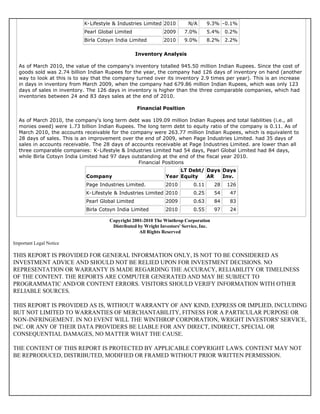 K-Lifestyle & Industries Limited 2010         N/A       9.3% -0.1%
                            Pearl Global Limited               2009      7.0%       5.4%     0.2%
                            Birla Cotsyn India Limited         2010      9.0%       8.2%     2.2%

                                                   Inventory Analysis

  As of March 2010, the value of the company's inventory totalled 945.50 million Indian Rupees. Since the cost of
  goods sold was 2.74 billion Indian Rupees for the year, the company had 126 days of inventory on hand (another
  way to look at this is to say that the company turned over its inventory 2.9 times per year). This is an increase
  in days in inventory from March 2009, when the company had 679.86 million Indian Rupees, which was only 123
  days of sales in inventory. The 126 days in inventory is higher than the three comparable companies, which had
  inventories between 24 and 83 days sales at the end of 2010.

                                                   Financial Position

  As of March 2010, the company's long term debt was 109.09 million Indian Rupees and total liabilities (i.e., all
  monies owed) were 1.73 billion Indian Rupees. The long term debt to equity ratio of the company is 0.11. As of
  March 2010, the accounts receivable for the company were 263.77 million Indian Rupees, which is equivalent to
  28 days of sales. This is an improvement over the end of 2009, when Page Industries Limited. had 35 days of
  sales in accounts receivable. The 28 days of accounts receivable at Page Industries Limited. are lower than all
  three comparable companies: K-Lifestyle & Industries Limited had 54 days, Pearl Global Limited had 84 days,
  while Birla Cotsyn India Limited had 97 days outstanding at the end of the fiscal year 2010.
                                                  Financial Positions
                                                                     LT Debt/ Days Days
                            Company                             Year Equity   AR   Inv.
                            Page Industries Limited.            2010         0.11       28   126
                            K-Lifestyle & Industries Limited 2010            0.25       54    47
                            Pearl Global Limited                2009         0.63       84    83
                            Birla Cotsyn India Limited          2010         0.55       97    24

                                      Copyright 2001-2010 The Winthrop Corporation
                                       Distributed by Wright Investors' Service, Inc.
                                                    All Rights Reserved

Important Legal Notice

THIS REPORT IS PROVIDED FOR GENERAL INFORMATION ONLY, IS NOT TO BE CONSIDERED AS
INVESTMENT ADVICE AND SHOULD NOT BE RELIED UPON FOR INVESTMENT DECISIONS. NO
REPRESENTATION OR WARRANTY IS MADE REGARDING THE ACCURACY, RELIABILITY OR TIMELINESS
OF THE CONTENT. THE REPORTS ARE COMPUTER GENERATED AND MAY BE SUBJECT TO
PROGRAMMATIC AND/OR CONTENT ERRORS. VISITORS SHOULD VERIFY INFORMATION WITH OTHER
RELIABLE SOURCES.

THIS REPORT IS PROVIDED AS IS, WITHOUT WARRANTY OF ANY KIND, EXPRESS OR IMPLIED, INCLUDING
BUT NOT LIMITED TO WARRANTIES OF MERCHANTABILITY, FITNESS FOR A PARTICULAR PURPOSE OR
NON-INFRINGEMENT. IN NO EVENT WILL THE WINTHROP CORPORATION, WRIGHT INVESTORS' SERVICE,
INC. OR ANY OF THEIR DATA PROVIDERS BE LIABLE FOR ANY DIRECT, INDIRECT, SPECIAL OR
CONSEQUENTIAL DAMAGES, NO MATTER WHAT THE CAUSE.

THE CONTENT OF THIS REPORT IS PROTECTED BY APPLICABLE COPYRIGHT LAWS. CONTENT MAY NOT
BE REPRODUCED, DISTRIBUTED, MODIFIED OR FRAMED WITHOUT PRIOR WRITTEN PERMISSION.
 