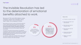 Talent Trends 2023 | India | The Invisible Revolution
A revolutionary shift
Total cultural revolution
The Work-Life Equation
9%
level of influence /
importance for ‘a greater
sense of purpose’ when
considering a
new role.
87%
of people did NOT rank
relationships with their
colleagues in the top 5
most important factors
in company culture
(with only 5% ranking it
as most important).
Because of this work-life balance reset,
company culture has changed, and it
hasn’t been the company’s choice.
More people have come to adopt a transactional approach
to work, viewing their jobs as a means to an end rather
than a source of personal fulfilment. They’re replacing the
emotional benefits of passion, belonging, and purpose
that many derived from their jobs, with more apt and real-
life substitutes, such as from their families, friends, and
communities.
This reset in the work-life value equation has significant
consequences. With the emotional value gained from their job
having been greatly diminished, a person’s job is increasingly
simplified down to the core transactional exchange of their
time and expertise for fair pay.
It is, therefore, unlikely that companies will be able to retain
and attract top talent if they rely solely on non-monetary
incentives to enhance their talent packages.
The Invisible Revolution has led
to the deterioration of emotional
benefits attached to work.
Salary is the:
#1 reason to accept a new role
Most important item in job
advertisement
Most important factor in
company culture
More important than job
satisfaction
Single most influential
recruitment factor

Biggest recruitment
challenge
23
 