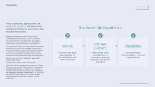 Talent Trends 2023 | India | The Invisible Revolution
A revolutionary shift
Total cultural revolution
The Work-Life Equation
Salary
Career
Growth
Flexibility
The Work-Life Equation =
+ +
Pay should be fairly
benchmarked for
job satisfaction and
talent attraction
A universal right,
not a privilege — the new
hygiene factor
Differentiate talent
development to
counteract growing
disloyalty and draw in
top talent
How a company approaches the
Work-Life Equation will determine
whether it thrives or survives in the
Invisible Revolution.
While the pandemic has led to a laser focus
on flexibility as an important factor in retaining
and recruiting talent, compensation and career
progression remain two of the most established
components of successful talent management.
The importance of pay and career planning is widely
understood, but what has changed is how talent
views these factors. A vastly more empowered pool
of talent has emerged as a result of the Invisible
Revolution, and they are seeking a more mutually
beneficial working relationship with their employers.
It boils down to a simple trade-off: “what I get”
versus “what I give.”
Transactional. Simple. Clear. Measurable.
This is not about choosing one component of talent
attraction over another. These factors have become
mandatory basics that employers must address
simultaneously. Ultimately, the goal is to reevaluate
the employee-employer relationship in an authentic
way to bring value to both the company and its
employees.value to both the company and its
employees.
27
 