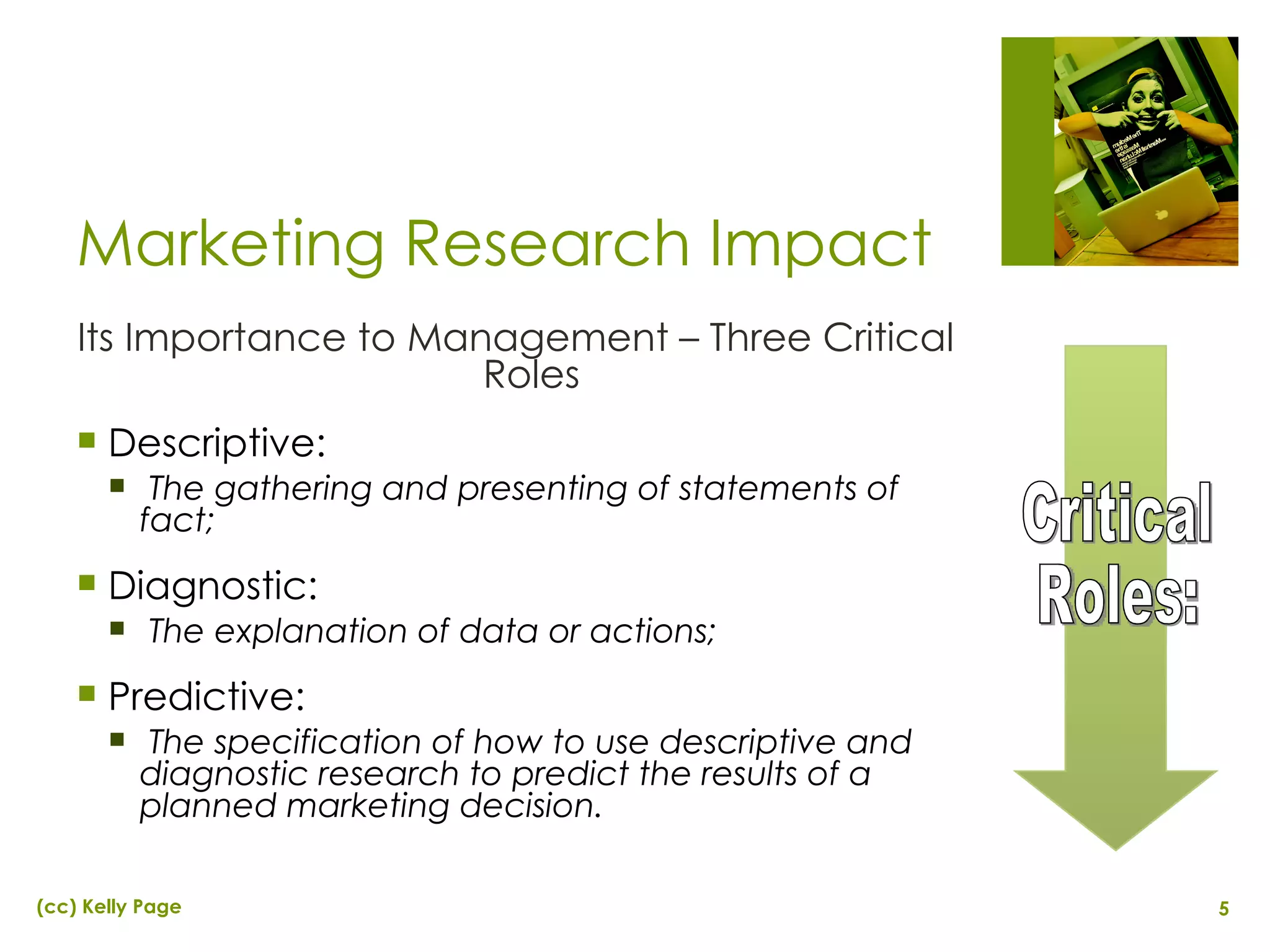Its Importance to Management – Three Critical Roles Descriptive: The gathering and presenting of statements of fact; Diagnostic: The explanation of data or actions;   Predictive: The specification of how to use descriptive and diagnostic research to predict the results of a planned marketing decision. Marketing Research Impact Critical Roles: 
