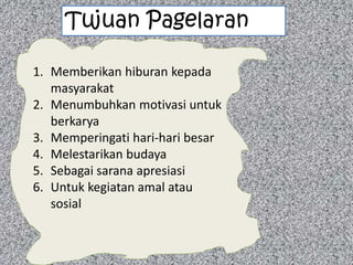 Tujuan Pagelaran
1. Memberikan hiburan kepada
masyarakat
2. Menumbuhkan motivasi untuk
berkarya
3. Memperingati hari-hari besar
4. Melestarikan budaya
5. Sebagai sarana apresiasi
6. Untuk kegiatan amal atau
sosial
 