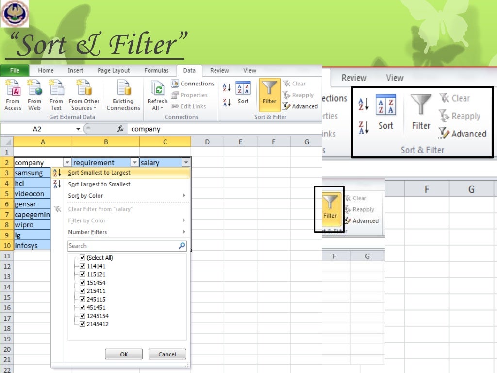 Pagelayout & data tab of ms excel 2010