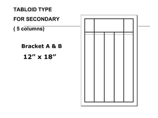 TABLOID TYPE
FOR SECONDARY
( 5 columns)


   Bracket A & B

   12” x 18”
 