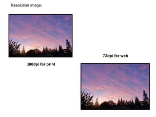 Resolution image:
300dpi for print
72dpi for web
 