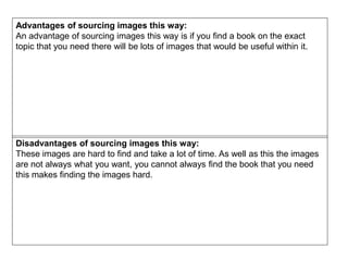 Advantages of sourcing images this way:
An advantage of sourcing images this way is if you find a book on the exact
topic that you need there will be lots of images that would be useful within it.
Disadvantages of sourcing images this way:
These images are hard to find and take a lot of time. As well as this the images
are not always what you want, you cannot always find the book that you need
this makes finding the images hard.
 