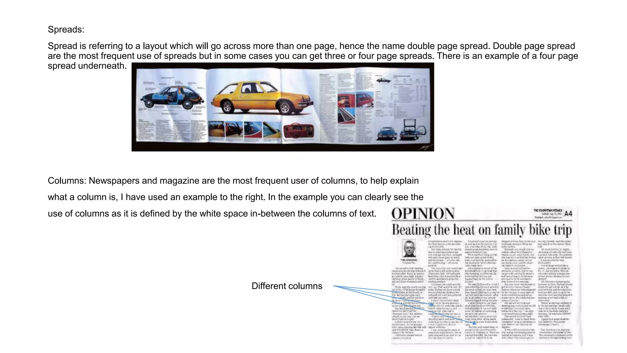 Spreads:
Spread is referring to a layout which will go across more than one page, hence the name double page spread. Double page spread
are the most frequent use of spreads but in some cases you can get three or four page spreads. There is an example of a four page
spread underneath.
Columns: Newspapers and magazine are the most frequent user of columns, to help explain
what a column is, I have used an example to the right. In the example you can clearly see the
use of columns as it is defined by the white space in-between the columns of text.
Different columns
 