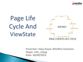 Page Life
Cycle And
ViewState

Presenter: Vijay Goyal, Mindfire Solutions
Skype: mfsi_vijayg
Date: 30/09/2013

 