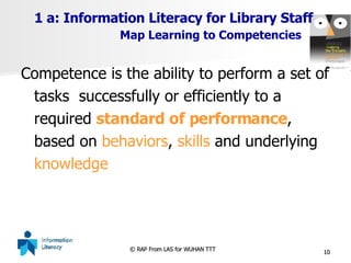 1 a: Information Literacy for Library Staff  Map Learning to Competencies Competence is the ability to perform a set of tasks  successfully or efficiently to a required  standard of performance , based on  behaviors ,  skills  and underlying  knowledge 