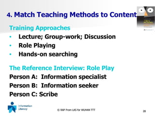 4.  Match Teaching Methods to Content Training Approaches Lecture; Group-work; Discussion Role Playing  Hands-on searching The Reference Interview: Role Play Person A:  Information specialist Person B:  Information seeker Person C: Scribe 