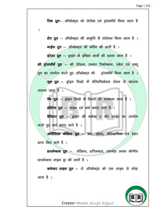 Creator –Badal Singh Rajput
Page | 153
fid Vwy%& vkWCtsDV~~l dks lsysDV ,oa VªkalQkWeZ fd;k tkrk gS
A
‘ksi Vwy %& vkWCtsDV~l dh vkÑfr esa la’kks/ku fd;k tkrk gS A
ukbZQ Vwy %& vkWCtsDV~l dh dfVax dh tkrh gS A
bjstj Vwy %& Mªkbax ds bfPNr Hkkxksa dks gVk;k tkrk gS A
Ýh VªkalQkWeZ Vwy %& Ýh jksVs’ku] ,Uxy fj¶ysD’ku] Ldsy ,oa LD;w
Vwy dk mi;ksx djrs gq, vkWCtsDV~l dks VªkalQkWeZ fd;k tkrk gS A
twe Vwy %& Mªkabx foUMks esa esfXufQds’ku ysoy es cnyko
yxk;k tkrk gS A
iWu Vwy %& Mªkabx foUMks ds fMLIys dks ljdk;k tkrk gS A
Ýhgs.M Vwy %& ykbu ,oa doZ cuk, tkrs gS A
csft;j Vwy %& Mªkabx dh dusDV n MkWV LVkbZY dk mi;ksx
djrs gq, doZ cuk, tkrs gS A
vkfVZfLVd ehfM;k Vwy %& cz’k] Lçs;j] dsfyxzkfQd ,oa çs’kj
izkIr fd, tkrs gS A
Mk;esU’ku Vwy %& ofVZdy] gkfjtUVy] LykUVsM vFkok dks.kh;
Mk;esU’ku ykbu Mªk dh tkrh gS A
dusDVj ykbu Vwy %& nks vkWCtsDV~l dks ,d ykbu ls tksM+k
tkrk gS A
 