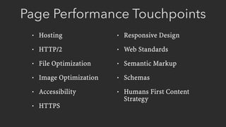 Page Performance Touchpoints
• Hosting
• HTTP/2
• File Optimization
• Image Optimization
• Accessibility
• HTTPS
• Responsive Design
• Web Standards
• Semantic Markup
• Schemas
• Humans First Content
Strategy
 