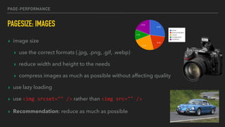 PAGE-PERFORMANCE
PAGESIZE: IMAGES
▸ image size
▸ use the correct formats (.jpg, .png, .gif, .webp)
▸ reduce width and height to the needs
▸ compress images as much as possible without affecting quality
▸ use lazy loading
▸ use <img	srcset=""	/> rather than <img	src=""	/>
▸ Recommendation: reduce as much as possible
 