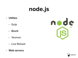 node.js
• Utilites
• Gulp
• Grunt
• Yeoman
• Live Reload
• Web servers
 