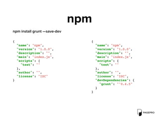 npm
{
"name": "npm",
"version": "1.0.0",
"description": "",
"main": "index.js",
"scripts": {
"test": ""
},
"author": "",
"license": "ISC",
"devDependencies": {
"grunt": "^0.4.5"
}
}
{
"name": "npm",
"version": "1.0.0",
"description": "",
"main": "index.js",
"scripts": {
"test": ""
},
"author": "",
"license": "ISC"
}
npm install grunt —save-dev
 