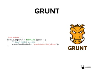GRUNT
'use strict';
module.exports = function (grunt) {
// load jshint plugin
grunt.loadNpmTasks('grunt-contrib-jshint');
};
 