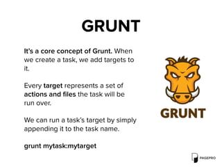 GRUNT
It’s a core concept of Grunt. When
we create a task, we add targets to
it.
Every target represents a set of
actions and ﬁles the task will be
run over.
We can run a task’s target by simply
appending it to the task name.
grunt mytask:mytarget
 