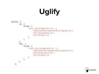 Uglify
uglify: {
lp: {
files: {
'dist_lp/js/app.min.js': [
'node_modules/jquery/dist/jquery.js',
'src/js/plugins.js',
'src/js/main.js'
]
}
},
thx: {
files: {
'dist_thx/js/app.min.js': [
'node_modules/jquery/dist/jquery.js',
'src/js/plugins.js',
'src/js/main.js'
]
}
}
},
 