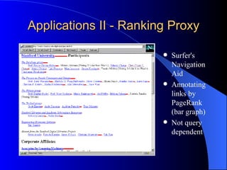 Applications II - Ranking Proxy Surfer's Navigation Aid Annotating links by PageRank (bar graph) Not query dependent 