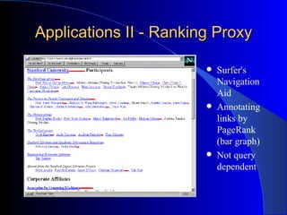 Applications II - Ranking Proxy Surfer's Navigation Aid Annotating links by PageRank (bar graph) Not query dependent 