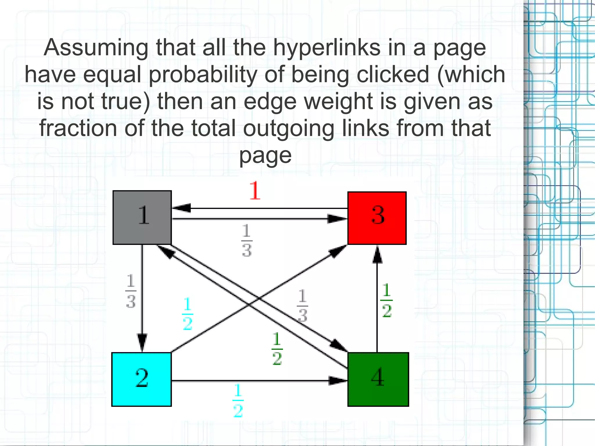 Assuming that all the hyperlinks in a page
have equal probability of being clicked (which
 is not true) then an edge weight is given as
 fraction of the total outgoing links from that
                      page
 