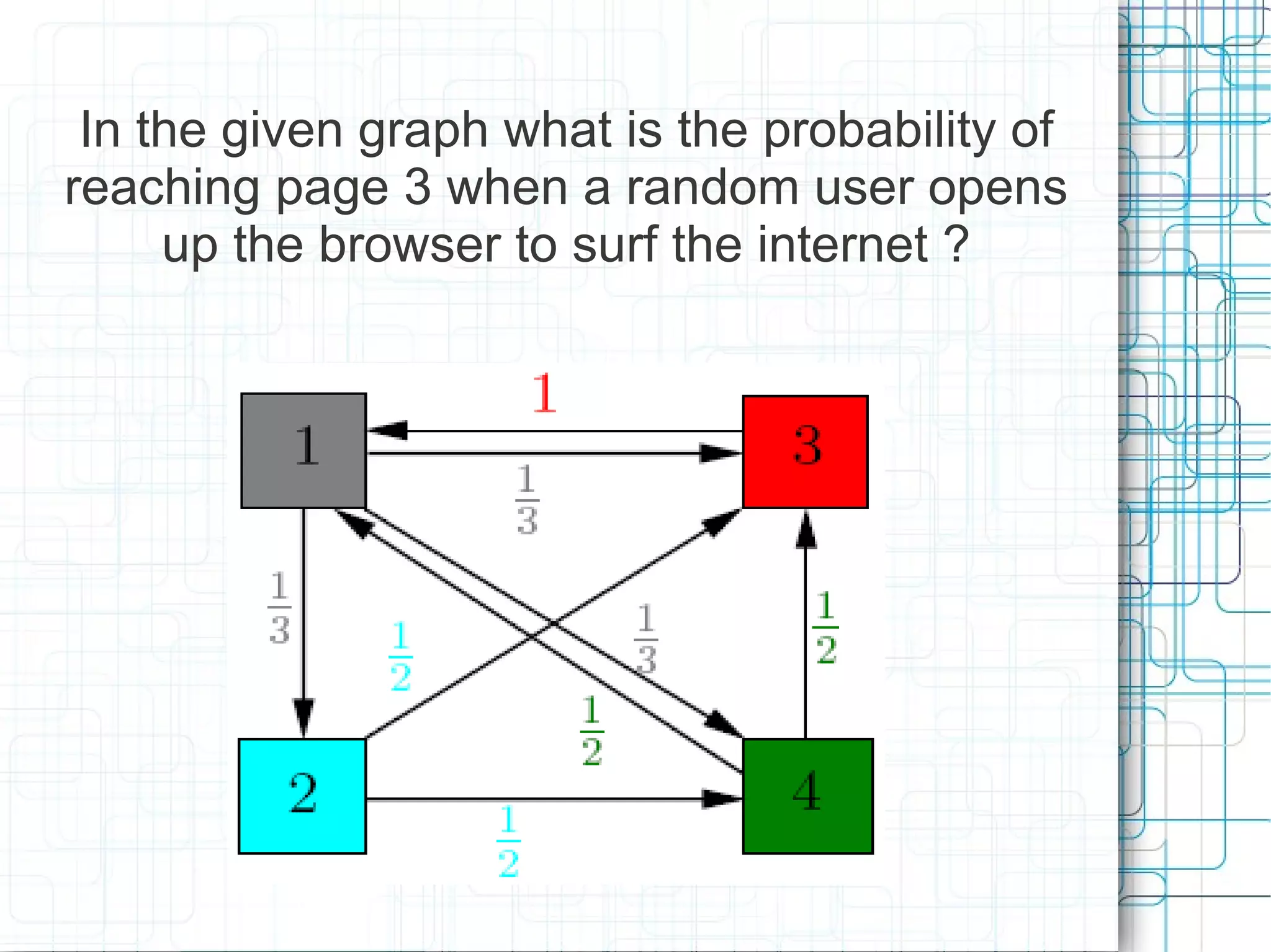 In the given graph what is the probability of
reaching page 3 when a random user opens
     up the browser to surf the internet ?
 