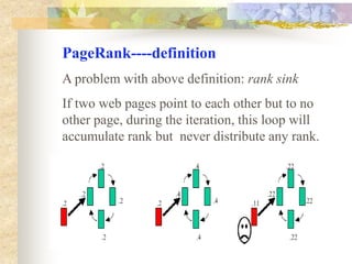 PageRank----Definitionu: a web pageFu:  set of pages u points to Bu:  set of pages that point to uNu=|Fu|:  the number of links from u c: a factor used for normalizationThe equation is recursive, but it may be computed by starting with any set of ranks and iterating the computation until it converges.
