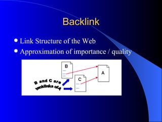 Backlink Link Structure of the Web Approximation of importance / quality 