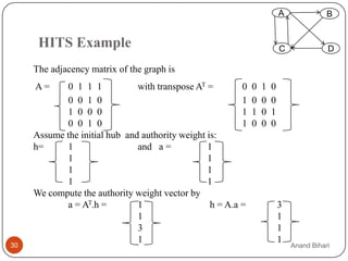 A              B
                                                                          A

      HITS Example                                                        C              D

     The adjacency matrix of the graph is
     A=      0 1 1 1           with transpose AT =        0   0   1   0
             0 0 1 0                                      1   0   0   0
             1 0 0 0                                      1   1   0   1
             0 0 1 0                                      1   0   0   0
     Assume the initial hub and authority weight is:
     h=      1                 and a =           1
             1                                   1
             1                                   1
             1                                   1
     We compute the authority weight vector by
             a = AT.h =        1                  h = A.a =               3
                               1                                          1
                               3                                          1
                               1                                          1
30                                                                            Anand Bihari
 