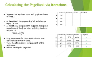 Calculating the PageRank via Iterations
• Suppose that we have same web graph as shown
in slide 7.
• At iteration 1 the pagerank of all websites are
equal i.e 1/n.
• At iteration 2 the pagerank (suppose A) depends
upon inbound link from other websites to given
website i.e.
𝑃𝑅 𝐴 =
1/4
3
• Its goes on same for other websites and next
iterations as shown in table.
• These iterations stores the pagerank of the
webpages.
• Here C has highest pagerank.
 