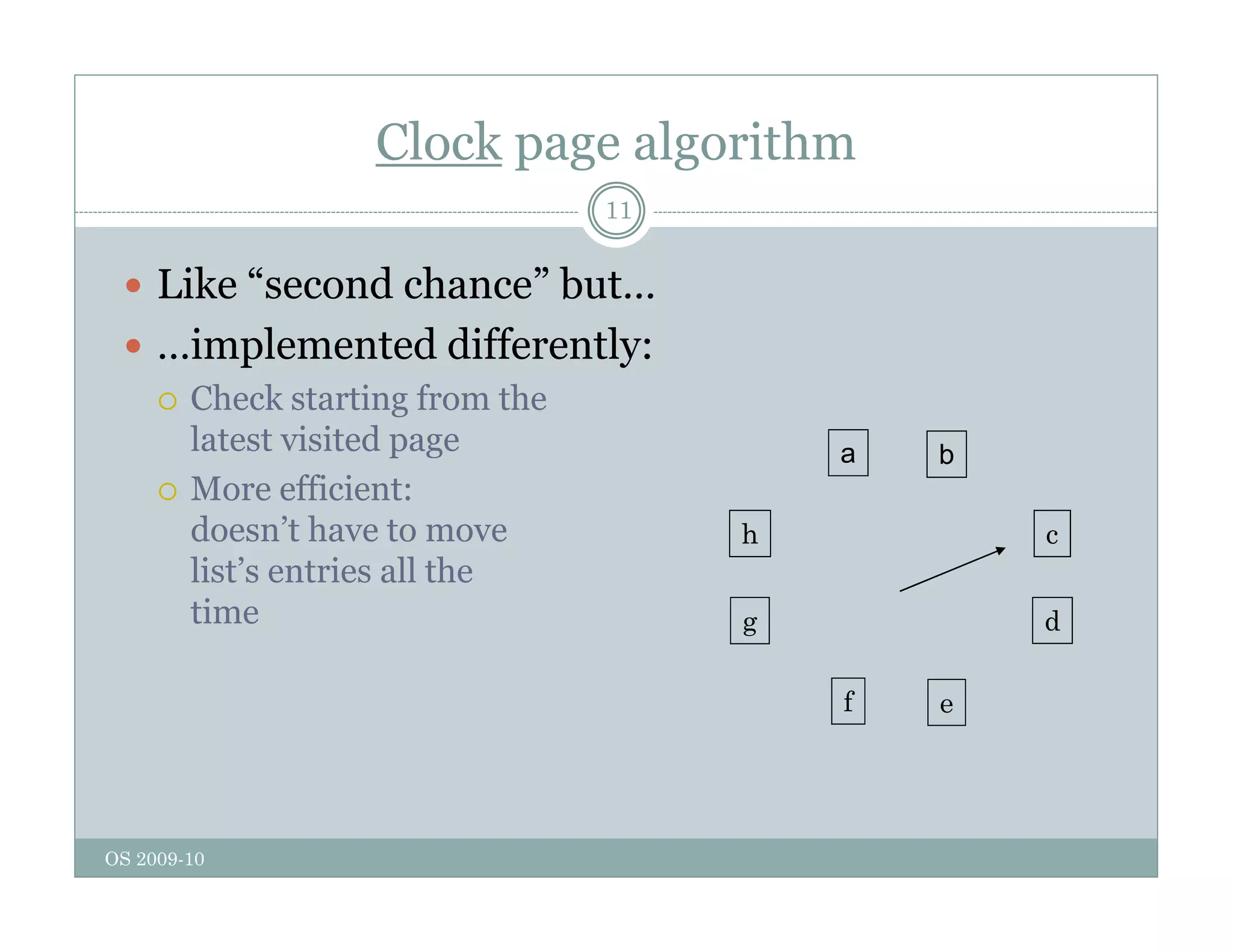 Clock page algorithm
11
 Like “second chance” but…
Like second chance but…
 …implemented differently:
 Check starting from the
g
latest visited page
 More efficient:
doesn’t have to move c
h
b
a
doesn t have to move
list’s entries all the
time
c
d
h
g
e
f
OS 2009-10
 