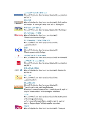 ASSOCIATION KERVIHAN
GMAO OptiMaint dans le secteur d'activité : Association
caritative
FILAME
GMAO OptiMaint dans le secteur d'activité : Fabrication
de ressorts de haute précision et de pièces découpées
COFELY GDF SUEZ
GMAO OptiMaint dans le secteur d'activité : Thermique
CLEMESSY - CH2M
GMAO OptiMaint dans le secteur d'activité :
Maintenance multitechnique
LES CONSERVES DE MEKNES
GMAO OptiMaint dans le secteur d'activité :
Agroalimentaire
IS2E
GMAO OptiMaint dans le secteur d'activité :
Maintenance multitechnique
MAIRIE DE COURBEVOIE
GMAO OptiMaint dans le secteur d'activité : Collectivité
APPRENTIS D'AUTEUIL
GMAO OptiMaint dans le secteur d'activité : Association
caritative
INRA UMR STLO
GMAO OptiMaint dans le secteur d'activité : Institut de
recherche
BELDIS
GMAO OptiMaint dans le secteur d'activité :
Agroalimentaire
PLASTISERD
GMAO OptiMaint dans le secteur d'activité :
Transformation de matières plastiques
Plastiserd renouvelle sa confiance en déployant le logiciel
auprès d'un nombre d'utilisateurs plus important
ATM
GMAO OptiMaint dans le secteur d'activité : Fabrication
d'aliments pour animaux
ATM renouvelle sa confiance en déployant le logiciel
auprès d'un nombre d'utilisateurs plus important
SNCF
GMAO OptiMaint dans le secteur d'activité : Tansport
 
