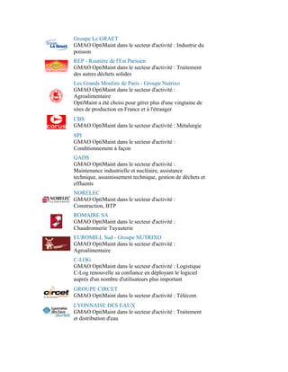 Groupe Le GRAET
GMAO OptiMaint dans le secteur d'activité : Industrie du
poisson
REP - Routière de l'Est Parisien
GMAO OptiMaint dans le secteur d'activité : Traitement
des autres déchets solides
Les Grands Moulins de Paris - Groupe Nutrixo
GMAO OptiMaint dans le secteur d'activité :
Agroalimentaire
OptiMaint a été choisi pour gérer plus d'une vingtaine de
sites de production en France et à l'étranger
CBS
GMAO OptiMaint dans le secteur d'activité : Métalurgie
SPI
GMAO OptiMaint dans le secteur d'activité :
Conditionnement à façon
GADS
GMAO OptiMaint dans le secteur d'activité :
Maintenance industrielle et nucléaire, assistance
technique, assainissement technique, gestion de déchets et
effluents
NORELEC
GMAO OptiMaint dans le secteur d'activité :
Construction, BTP
ROMAIRE SA
GMAO OptiMaint dans le secteur d'activité :
Chaudronnerie Tuyauterie
EUROMILL Sud - Groupe NUTRIXO
GMAO OptiMaint dans le secteur d'activité :
Agroalimentaire
C-LOG
GMAO OptiMaint dans le secteur d'activité : Logistique
C-Log renouvelle sa confiance en déployant le logiciel
auprès d'un nombre d'utilisateurs plus important
GROUPE CIRCET
GMAO OptiMaint dans le secteur d'activité : Télécom
LYONNAISE DES EAUX
GMAO OptiMaint dans le secteur d'activité : Traitement
et distribution d'eau
 