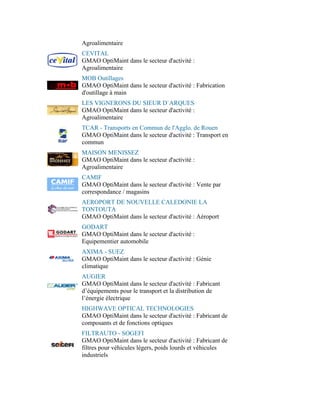 Agroalimentaire
CEVITAL
GMAO OptiMaint dans le secteur d'activité :
Agroalimentaire
MOB Outillages
GMAO OptiMaint dans le secteur d'activité : Fabrication
d'outillage à main
LES VIGNERONS DU SIEUR D`ARQUES
GMAO OptiMaint dans le secteur d'activité :
Agroalimentaire
TCAR - Transports en Commun de l'Agglo. de Rouen
GMAO OptiMaint dans le secteur d'activité : Transport en
commun
MAISON MENISSEZ
GMAO OptiMaint dans le secteur d'activité :
Agroalimentaire
CAMIF
GMAO OptiMaint dans le secteur d'activité : Vente par
correspondance / magasins
AEROPORT DE NOUVELLE CALEDONIE LA
TONTOUTA
GMAO OptiMaint dans le secteur d'activité : Aéroport
GODART
GMAO OptiMaint dans le secteur d'activité :
Equipementier automobile
AXIMA - SUEZ
GMAO OptiMaint dans le secteur d'activité : Génie
climatique
AUGIER
GMAO OptiMaint dans le secteur d'activité : Fabricant
d’équipements pour le transport et la distribution de
l’énergie électrique
HIGHWAVE OPTICAL TECHNOLOGIES
GMAO OptiMaint dans le secteur d'activité : Fabricant de
composants et de fonctions optiques
FILTRAUTO - SOGEFI
GMAO OptiMaint dans le secteur d'activité : Fabricant de
filtres pour véhicules légers, poids lourds et véhicules
industriels
 
