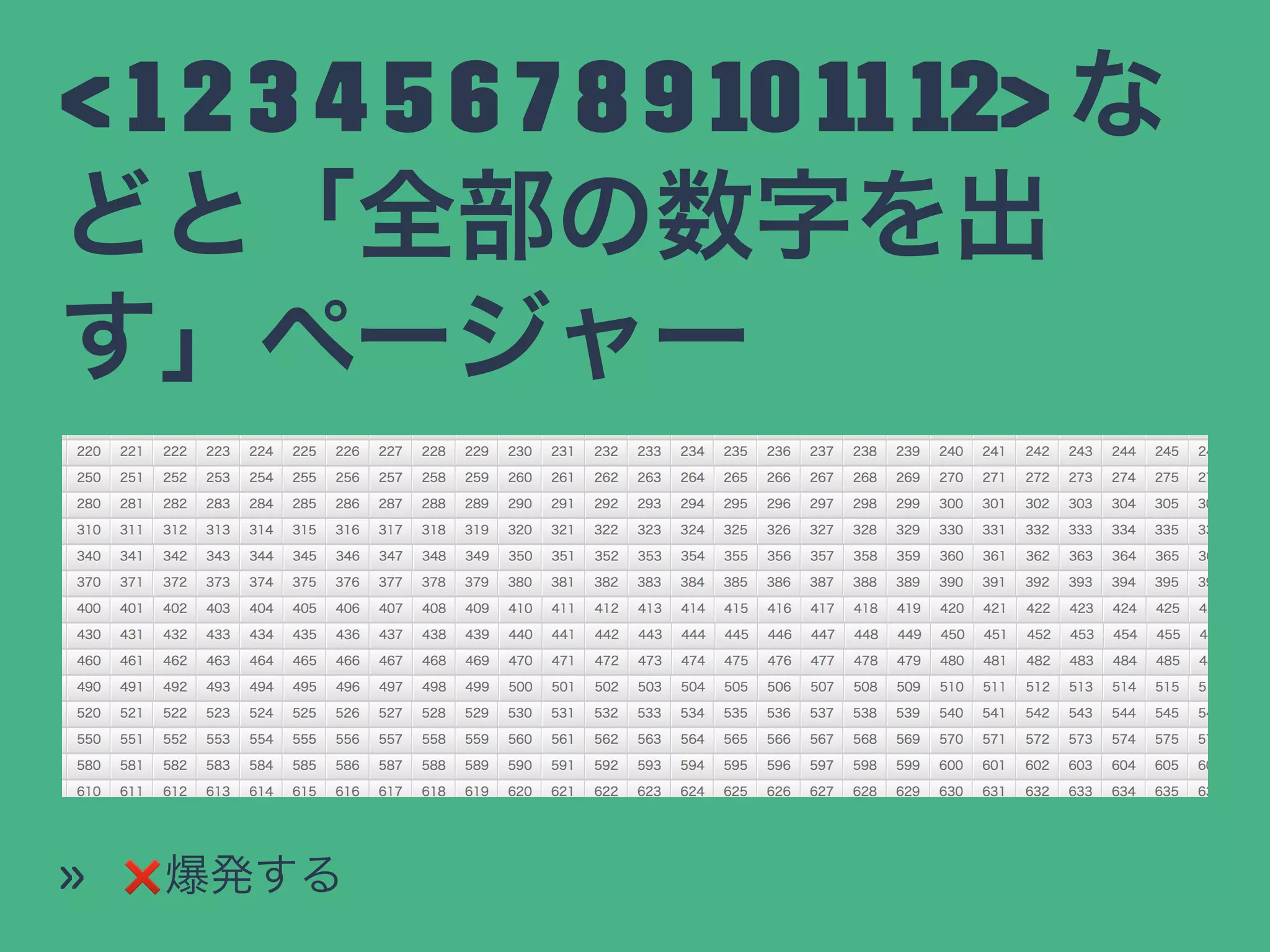 < 1 2 3 4 5 6 7 8 9 10 11 12> な
どと「全部の数字を出
す」ページャー
» ❌爆発する
 