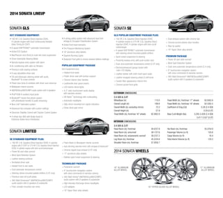 2014 SONATA LINEUP
SONATA GLS
KEY STANDARD EQUIPMENT:
• 190 HP, 2.4L Gasoline Direct Injection DOHC 	
	 4-cylinder engine with Dual Continuously Variable
	 Valve Timing (D-CVVT)
• 6-speed SHIFTRONIC® automatic transmission
• Active ECO System
• MacPherson strut (front)  multi-link (rear) suspension
• Driver Selectable Steering Mode
• Remote keyless entry system with alarm
• Air conditioning with cabin air filtration
• Premium cloth seating surfaces
• 6-way adjustable driver seat
• Tilt-and-telescopic steering wheel with audio, 	
	Bluetooth®  cruise controls
• Power door locks  windows with driver auto-down/up
• Metalgrain interior accents
• AM/FM/SiriusXM/CD/MP3 audio system with 6 speakers
• iPod®/USB  auxiliary input jacks
• Bluetooth® hands-free phone system
	 with phonebook transfer  audio streaming
• Blue Link® telematics system
• Advanced trip computer with custom settings

SONATA SE
• 6-airbag safety system with advanced dual front
	 airbags  Occupant Classification System
•	Active front head restraints
• Tire Pressure Monitoring System
• 16” aluminum alloy wheels
• Daytime Running Lights
• Bodycolor front grille  chrome window beltline moldings
POPULAR EQUIPMENT PACKAGE
GLS Equipment plus:
+ Heated front seats
+ Power driver seat with lumbar support
+ Chrome interior door handles
+ Leatherette door panel inserts
+ LED interior dome lights
+ 4.3” color touchscreen audio display
with rearview camera
+ HD Radio™ technology with multicasting
+ Automatic headlights
+ Side mirror-mounted turn signal indicators
+ Driver blind spot mirror

• Electronic Stability Control with Traction Control System
• 4-wheel disc ABS with Brake Assist 
	 Electronic Brake-force Distribution

GLS POPULAR EQUIPMENT PACKAGE PLUS:
+ 192 HP, 2.4L Gasoline Direct Injection DOHC
	 4-cylinder engine or 274 HP, 2.0L Gasoline Direct 	
	 Injection DOHC 4-cylinder engine with twin-scroll
	turbocharger
+ 6-speed SHIFTRONIC® automatic transmission 	
	 with steering-wheel-mounted paddle shifters
+ Sport-tuned suspension  steering
+ Proximity keyless entry with push-button start
+ Dual-zone automatic temperature control (2.0T only)
+ Electroluminescent gauge cluster with
color LCD display
+ Leather bolster with cloth insert sport seats
+ Leather-wrapped steering wheel  shift knob
+ Carbon fiber appearance interior trim
+ Chrome accent front grille

+ Dual exhaust system with chrome tips
+ Chrome accent exterior door handles
+ Rear lip spoiler
+ 18” Hyper Silver alloy wheels
PREMIUM PACKAGE
+ Power tilt-and-slide sunroof
+ Blind Spot Detection System
+ Dual-zone automatic temperature control (2.4 only)
+ 8” touchscreen navigation system
	 with voice commands  rearview camera
+ 360-Watt Dimension® AM/FM/SiriusXM/CD/MP3 	
	 audio system with 6 speakers  subwoofer

EXTERIOR DIMENSIONS

2.4 GDI  2.0T
Wheelbase (in)	
Overall Length (in)	
Overall Width (in), excluding mirrors 	
Overall Height (in) 	
Tread Width (in), front/rear 16” wheels	

110.0
189.8
72.2
57.9
62.9/62.9

Tread Width (in), front/rear 17” wheels	
62.6/62.6
Tread Width (in), front/rear 18” wheels	
62.5/62.5
Coefficient of Drag (Cd)	
0.28 (2.4 GDI)
		
0.29 (2.0T)
Base Curb Weight (lbs)	
3,245-3,428 (2.4 GDI)
		
3,417-3,527 (2.0T)

40.0/37.8
38.1/37.6
38.2/37.2
45.5/34.6
57.9/56.7

Hip Room (in), front/rear	
Passenger Volume (cu ft)	
Cargo Volume (cu ft) 	
Total Interior Volume (cu ft)	

INTERIOR DIMENSIONS

2.4 GDI  2.0T

SONATA LIMITED
SE STANDARD EQUIPMENT PLUS:
+ 190 HP, 2.4L Gasoline Direct Injection DOHC 4-cylinder	
	 engine with D-CVVT or 274 HP, 2.0L Gasoline Direct Injection
	 DOHC 4-cylinder engine with twin-scroll turbocharger
+ Power tilt-and-slide sunroof
+ Blind Spot Detection System
+ Leather seating surfaces
+ Ventilated driver seat
+ Heated front  rear seats
+ Dual automatic temperature control
+ Steering-wheel-mounted paddle shifters (2.0T only)
+ Premium door sill scuff plates
+ 360-Watt Dimension® AM/FM/SiriusXM/CD/MP3 	
	 audio system with 6 speakers  subwoofer
+ Floor console-mounted rear vents

+ Piano Black or Woodgrain interior accents
+ Auto-dimming rearview mirror with compass  HomeLink®
+ Chrome-tipped dual exhaust (2.0T only)
+ 17” aluminum alloy wheels
–	Deletes sport-tuned suspension  steering
TECHNOLOGY PACKAGE
+ Panoramic sunroof
+ 8” touchscreen navigation system
	 with voice commands  rearview camera
+ 400-Watt Infinity® AM/FM/SiriusXM/CD/MP3
	 audio system with 8 speakers  subwoofer
+ High Intensity Discharge Xenon headlights
+ LED taillights
+ 18” Hyper Silver alloy wheels

Head Room (in), front/rear 	
Head Room (in), w/sunroof 	
Head Room (in), w/panoramic sunroof 	
Leg Room (in), front/rear	
Shoulder Room (in), front/rear 	

55.2/54.9
103.8
16.4
120.2

2014 SONATA WHEELS

16” ALUMINUM
ALLOY WHEEL

17” ALUMINUM
ALLOY WHEEL

18” HYPER SILVER ALLOY WHEEL

 