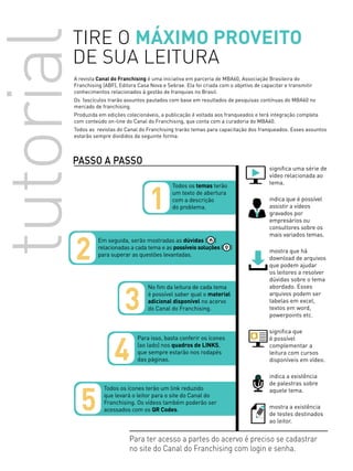 1
Todos os temas terão
um texto de abertura
com a descrição
do problema.
2
Em seguida, serão mostradas as dúvidas ( )
relacionadas a cada tema e as possíveis soluções ( )
para superar as questões levantadas.
3
No fim da leitura de cada tema
é possível saber qual o material
adicional disponível no acervo
do Canal do Franchising.
4
Para isso, basta conferir os ícones
(ao lado) nos quadros de LINKS,
que sempre estarão nos rodapés
das páginas.
5
Todos os ícones terão um link reduzido
que levará o leitor para o site do Canal do
Franchising. Os vídeos também poderão ser
acessados com os QR Codes.
TIRE O MÁXIMO PROVEITO
DE SUA LEITURAtutorial
significa uma série de
vídeo relacionada ao
tema.
indica que é possível
assistir a vídeos
gravados por
empresários ou
consultores sobre os
mais variados temas.
mostra que há
download de arquivos
que podem ajudar
os leitores a resolver
dúvidas sobre o tema
abordado. Esses
arquivos podem ser
tabelas em excel,
textos em word,
powerpoints etc.
significa que
é possível
complementar a
leitura com cursos
disponíveis em vídeo.
indica a existência
de palestras sobre
aquele tema.
mostra a existência
de testes destinados
ao leitor.
A revista Canal do Franchising é uma iniciativa em parceria de MBA60, Associação Brasileira do
Franchising (ABF), Editora Casa Nova e Sebrae. Ela foi criada com o objetivo de capacitar e transmitir
conhecimentos relacionados à gestão de franquias no Brasil.
Os fascículos trarão assuntos pautados com base em resultados de pesquisas contínuas do MBA60 no
mercado de franchising.
Produzida em edições colecionáveis, a publicação é voltada aos franqueados e terá integração completa
com conteúdo on-line do Canal do Franchising, que conta com a curadoria do MBA60.
Todos as revistas do Canal do Franchising trarão temas para capacitação dos franqueados. Esses assuntos
estarão sempre divididos da seguinte forma:
passo a passo
Para ter acesso a partes do acervo é preciso se cadastrar
no site do Canal do Franchising com login e senha.
 