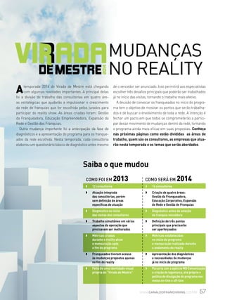 57www.canaldofranchising.com.br
Mudanças
no reality
Atemporada 2014 do Virada de Mestre está chegando
com algumas novidades importantes. A principal delas
foi a divisão do trabalho das consultorias em quatro áre-
as estratégicas que ajudarão a impulsionar o crescimento
da rede de franquias que for escolhida pelos jurados para
participar do reality show. As áreas criadas foram: Gestão
da Franqueadora, Educação Empreendedora, Expansão da
Rede e Gestão das Franquias.
Outra mudança importante foi a antecipação da fase de
diagnósticos e a apresentação do programa para os franque-
ados da rede escolhida. Nesta temporada, cada consultoria
elaborou um questionário básico de diagnóstico antes mesmo
de o vencedor ser anunciado. Isso permitirá aos especialistas
escolher três desafios principais que poderão ser trabalhados
já no início das visitas, tornando o trabalho mais efetivo.
A decisão de convocar os franqueados no início do progra-
ma tem o objetivo de mostrar os pontos que serão trabalha-
dos e de buscar o envolvimento de toda a rede. A intenção é
fechar um pacto em que todos se comprometerão a partici-
par desse movimento de mudanças dentro da rede, tornando
o programa ainda mais eficaz em suas propostas. Conheça
nas próximas páginas como estão divididas as áreas de
trabalho, quem são os consultores, as empresas que atua-
rão nesta temporada e os temas que serão abordados.
Saiba o que mudou
w 	 12 consultores
w 	 Atuação integrada
das consultorias, porém
sem definição de áreas
específicas de atuação
w 	 Diagnóstico no início
das visitas dos consultores
w 	 Trabalho simultâneo em vários
aspectos da operação que
precisavam ser melhorados
w 	 Métricas criadas
durante o reality show
e mensuração após
o fim do programa
w 	 Franqueados tiveram acesso
às mudanças propostas apenas
no fim do reality
w 	 Falta de uma identidade visual
própria do “Virada de Mestre”
w 	 16 consultores
w 	 Criação de quatro áreas:
Gestão da Franqueadora,
Educação Corporativa, Expansão
de Rede e Gestão de Franquias
w 	 Diagnóstico antes da seleção
da franquia vencedora
w 	 Definição de três pontos
principais que precisarão
ser aperfeiçoados
w 	 Métricas estabelecidas
no início do programa
e mensuração realizada durante
o andamento do reality
w 	 Apresentação dos diagnósticos
e necessidades de mudanças
já no início do programa
w 	 Parceria com a agência MD Comunicação
e criação de logomarca, site próprio e
política de divulgação do programa nos
meios on-line e off-line
Como foi em 2013 Como será em 2014
 