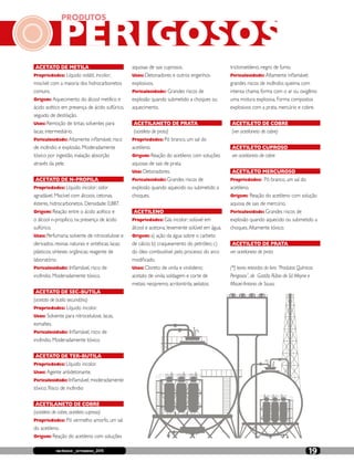 incêndio _setembro_2015 19
PERIGOSOS
PRODUTOS
ACETATO DE METILA
Propriedades: Líquido volátil, incolor;
miscível com a maioria dos hidrocarbonetos
comuns.
Origem: Aquecimento do álcool metílico e
ácido acético em presença de ácido sulfúrico,
seguido de destilação.
Usos: Remoção de tintas; solventes para
lacas; intermediário.
Periculosidade: Altamente inflamável; risco
de incêndio e explosão. Moderadamente
tóxico por ingestão, inalação absorção
através da pele.
ACETATO DE N-PROPILA
Propriedades: Líquido incolor; odor
agradável. Miscível com álcoois, cetonas,
ésteres, hidrocarbonetos. Densidade: 0,887.
Origem: Reação entre o ácido acético e
o álcool n-propílico, na presença de ácido
sulfúrico.
Usos: Perfumaria; solvente de nitrocelulose e
derivados, resinas naturais e sintéticas; lacas;
plásticos; sínteses orgânicas; reagente de
laboratório.
Periculosidade: Inflamável, risco de
incêndio. Moderadamente tóxico.
ACETATO DE SEC-BUTILA
(acetato de butila secundária)
Propriedades: Líquido incolor.
Usos: Solvente para nitrocelulose, lacas,
esmaltes.
Periculosidade: Inflamável, risco de
incêndio. Moderadamente tóxico.
ACETATO DE TER-BUTILA
Propriedades: Líquido incolor.
Usos: Agente antidetonante.
Periculosidade: Inflamável; moderadamente
tóxico. Risco de incêndio
ACETILANETO DE COBRE
(acetileto de cobre,acetileto cuproso)
Propriedades: Pó vermelho amorfo, um sal
do acetileno.
Origem: Reação do acetileno com soluções
aquosas de sais cuprosos.
Usos: Detonadores e outros engenhos
explosivos.
Periculosidade: Grandes riscos de
explosão quando submetido a choques ou
aquecimento.
ACETILANETO DE PRATA
(acetileto de prata)
Propriedades: Pó branco, um sal do
acetileno.
Origem: Reação do acetileno com soluções
aquosas de sais de prata.
Uso: Detonadores.
Periculosidade: Grandes riscos de
explosão quando aquecido ou submetido a
choques.
ACETILENO
Propriedades: Gás incolor; solúvel em
álcool e acetona; levemente solúvel em água.
Origem: a) ação da água sobre o carbeto
de cálcio; b) craqueamento do petróleo; c)
do óleo combustível pelo processo do arco
modificado.
Usos: Cloreto de vinila e vinilideno;
acetato de vinila; soldagem e corte de
metais; neopremo; acrilonitrila; aeilatos;
tricloroetileno; negro de fumo.
Periculosidade: Altamente inflamável;
grandes riscos de incêndio; queima com
intensa chama; forma com o ar ou oxigênio
uma mistura explosiva. Forma compostos
explosivos com a prata, mercúrio e cobre.
ACETILETO DE COBRE
(ver acetilaneto de cobre)
ACETILETO CUPROSO
ver acetilaneto de cobre
ACETILETO MERCUROSO
Propriedades: Pó branco, um sal do
acetileno.
Origem: Reação do acetileno com solução
aquosa de sais de mercúrio.
Periculosidade: Grandes riscos de
explosão quando aquecido ou submetido a
choques.Altamente tóxico.
ACETILETO DE PRATA
ver acetilaneto de prata
(*) texto retirados do livro “Produtos Químicos
Perigosos”,de Gastão Rúbio de SáWeyne e
MisaelAntonio de Sousa.
 