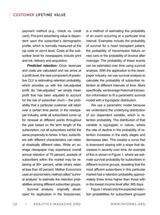 W W W. I N FO R M S . O RG52 | A N A LY T I C S - M AGA Z I N E . O RG
CUSTOMER LIFETIME VALUE
is a method of estimating the probability
of an event occurring at a particular time
interval. Examples include the probability
of survival for a heart transplant patient,
the probability of transmission failure on
new cars or the probability of divorce after
marriage. The probability of these events
can be estimated over time using survival
analysis. With the application to the news-
paper industry, we use survival analysis to
calculate the probability of subscriber re-
tention at different intervals of time. More
specifically, we leverage historical transac-
tion information to fit a parametric survival
model with a log-logistic distribution.
We use a parametric model because
we understand the underlying distribution
of our dependent variable, which is re-
tention probability. The distribution of that
variable is log-logistic in nature, where
the rate of decline in the probability of re-
tention increases in the early stages and
decreases later. This creates a curve that
is downward sloping with a slope that de-
creases in severity over time. An example
of this is shown in Figure 1, where we esti-
mate survival probability for subscribers in
different income groups, revealing that the
most affluent subscribers in this particular
market had a retention probability approxi-
mately three times higher than those with
in the lowest income level after 365 days.
Figure1showsonlytheexpectedreten-
tion probabilities for subscribers grouped
payment method (e.g., check vs. credit
card). Pre-print advertising value is depen-
dent upon the subscriber’s demographic
profile, which is normally measured at the
zip code or zip+4 level. Costs at the sub-
scriber level for newspapers include print
and ink, delivery and acquisition.
Predicted retention: Once revenues
and costs are calculated and we arrive at
a profit level, the next component of predic-
tive CLV is estimating retention probability,
which provides us with the risk-adjusted
profit. By “risk-adjusted,” we simply mean
profit that has been adjusted to account
for the risk of subscriber churn – the prob-
ability that a particular customer will retain
over a certain time period. In the newspa-
per industry, while all subscribers come up
for renewal at different points throughout
the year based on the term length of the
subscription, not all subscribers exhibit the
same propensity to renew. In fact, subscrib-
ers with different characteristics can retain
at drastically different rates. While an av-
erage newspaper may experience overall
annual retention of 75 percent, pockets of
subscribers within the market may be re-
taining at 90+ percent, while others retain
at less than 40 percent. Mather Economics
uses an econometric method called “surviv-
al analysis” to estimate the retention prob-
abilities among different subscriber groups.
Survival analysis, originally devel-
oped for application in the biosciences,
 
