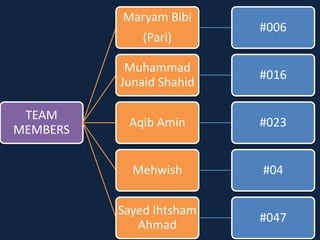 TEAM
MEMBERS
Maryam Bibi
(Pari)
#006
Muhammad
Junaid Shahid
#016
Aqib Amin #023
Mehwish #04
Sayed Ihtsham
Ahmad
#047
 