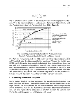 %100
4,0
3,0
)(
n
i
tF i
(1)
Die so erhaltenen Werte werden in das Weibullwahrscheinlichkeitspapier eingetra-
gen. Über die Maximum-Likelihood-Methode, eine Parameterschätzmethode, wird
eine Ausgleichskurve durch die Punkte gelegt, siehe Bild 4 (figure 4).
6 10 60
0.1
0.3
0.5
1.0
3.0
5.0
10.0
30.0
90.0
99.0
99.9
63.2
standardised lifetime t 10²
failureprobabilityF(t)in%
failure
curve of best fit
95% - confidence limit
5% - confidence limit
Shape parameter b = 1.85;
Standardised characteristic
lifetime T = 2000;
Standardised failure free
time t0
= 584;
Standardised B10
lifetime = 1005failure
Bild 4: Ausfallpunkte und Weibullgerade mit Vertrauensbereich
Figure 4: Failures and weibull line with confidence interval
Der Wert des Formparameters b von 1,85 deutet wie in Bild 3 (figure 3) dargestellt
auf Verschleiß- oder Ermüdungsausfälle hin, was in der Vielzahl der Ausfälle von
RWDR zutrifft. Die vorhandene ausfallfreie Zeit zeigt, dass ein Ausfall des Dichtrings
erst nach einer gewissen Laufzeit eintritt. Dies wird durch eine andauernde Schädi-
gung beispielsweise durch thermische Einflüsse oder Materialabtrag verursacht. Die
BB
6
10-Lebensdauer ist analog zur L10-Lebensdauer von Wälzlagern, die Zeit, bis zu der
10% der Dichtringe ausgefallen sind. Zusätzlich dargestellt ist der 90% Vertrauens-
bereich, der durch die Anzahl der Ausfälle von >500 Teilen sehr schmal ist.
Auswertung als zensierte Stichprobe
Die im vorigen Abschnitt gezeigte Auswertung der Ausfalldaten ist die Auswertung
einer Stichprobe, also eines Teiles der Grundgesamtheit, die alle verwendeten Dicht-
ringe umfasst. Um Rückschlüsse auf das Ausfallverhaltens der Grundgesamtheit
ziehen zu können, muss die zur Auswertung verwendete Stichprobe repräsentativ
sein. Um eine repräsentative Stichprobe zu erhalten, müssen die Elemente der
Stichprobe unabhängig sein und zufällig ausgewählt werden.
A 03    77
 