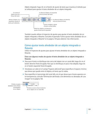 Capítulo 5    Cómo trabajar con texto	 129
Objeto integrado: haga clic en el botón de ajuste de texto que muestra el método que
se utilizará para ajustar el texto alrededor de un objeto integrado.
Centre el objeto y ajuste
el texto a ambos lados.
Alinee los objetos a la derecha y
ajuste el texto por la izquierda.
Se alinea el objeto a la derecha
entre las líneas de texto.
Se centra el
objeto entre las
líneas del texto.
Alinee el objeto a la
izquierda y ajuste el
texto por la derecha.
Se alinea el objeto a la izquierda
entre las líneas del texto.
También puede utilizar el Inspector de ajustes para ajustar el texto alrededor de un
objeto integrado o flotante. Consulte el apartado“Cómo ajustar texto alrededor de un
objeto integrado o flotante” en la página 129 para obtener más información.
Cómo ajustar texto alrededor de un objeto integrado o
flotante
Utilice el Inspector de ajustes para ajustar el texto alrededor de un objeto integrado o
flotante.
Éstos son algunos modos de ajustar el texto alrededor de un objeto integrado o
flotante:
Para que el texto se distribuya más cerca del objeto con un canal alfa, haga clic en elmm
botón derecho Texto Encajado. Para que se distribuya un poco más alejado, haga clic
en el botón izquierdo Texto Encajado.
Introduzca un valor en el campo“Espacio adicional”para especificar el espacio mínimomm
que desea que quede entre el objeto y el texto que lo rodea.
Para especificar el porcentaje del canal alfa con el que desea que el texto aparezca enmm
la transparencia, consulte“Eliminación del fondo o de elementos no deseados de una
imagen” en la página 158.
El texto se acerca más al contorno
de un objeto con un canal alfa.
El texto se ajusta
alrededor de los límites
rectangulares
de un objeto.
 