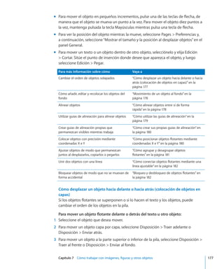 Capítulo 7    Cómo trabajar con imágenes, figuras y otros objetos	 177
Para mover el objeto en pequeños incrementos, pulse una de las teclas de flecha, demm
manera que el objeto se mueva un punto a la vez. Para mover el objeto diez puntos a
la vez, mantenga pulsada la tecla Mayúsculas mientras pulsa una tecla de flecha.
Para ver la posición del objeto mientras la mueve, seleccione Pages  Preferencias y,mm
a continuación, seleccione“Mostrar el tamaño y la posición al desplazar objetos”en el
panel General.
Para mover un texto o un objeto dentro de otro objeto, selecciónelo y elija Ediciónmm
 Cortar. Sitúe el punto de inserción donde desee que aparezca el objeto, y luego
seleccione Edición  Pegar.
Para más información sobre cómo Vaya a
Cambiar el orden de objetos solapados “Cómo desplazar un objeto hacia delante o hacia
atrás (colocación de objetos en capas)” en la
página 177
Cómo añadir, editar y recolocar los objetos del
fondo
“Movimiento de un objeto al fondo” en la
página 178
Alinear objetos “Cómo alinear objetos entre sí de forma
rápida” en la página 178
Utilizar guías de alineación para alinear objetos “Cómo utilizar las guías de alineación” en la
página 179
Crear guías de alineación propias que
permanezcan visibles mientras trabaja
“Cómo crear sus propias guías de alineación” en
la página 180
Colocar objetos con precisión mediante
coordenadas X e Y
“Cómo posicionar objetos flotantes mediante
coordenadas X e Y” en la página 180
Ajustar objetos de modo que permanezcan
juntos al desplazarlos, copiarlos o pegarlos
“Cómo agrupar y desagrupar objetos
flotantes” en la página 181
Unir dos objetos con una línea “Cómo conectar objetos flotantes mediante una
línea ajustable” en la página 182
Bloquear objetos de modo que no se muevan de
forma accidental
“Bloqueo y desbloqueo de objetos flotantes” en
la página 182
Cómo desplazar un objeto hacia delante o hacia atrás (colocación de objetos en
capas)
Si los objetos flotantes se superponen o si lo hacen el texto y los objetos, puede
cambiar el orden de los objetos en la pila.
Para mover un objeto flotante delante o detrás del texto u otro objeto:
	 1	 Seleccione el objeto que desea mover.
	 2	 Para mover un objeto capa por capa, seleccione Disposición  Traer adelante o
Disposición  Enviar atrás.
	 3	 Para mover un objeto a la parte superior o inferior de la pila, seleccione Disposición 
Traer al frente o Disposición  Enviar al fondo.
 