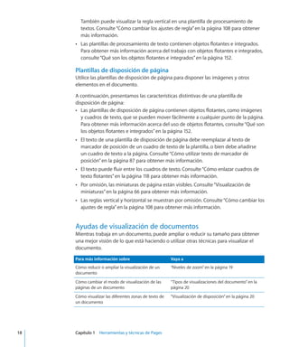 También puede visualizar la regla vertical en una plantilla de procesamiento de
textos. Consulte“Cómo cambiar los ajustes de regla” en la página 108 para obtener
más información.
Las plantillas de procesamiento de texto contienen objetos flotantes e integrados.ÂÂ
Para obtener más información acerca del trabajo con objetos flotantes e integrados,
consulte“Qué son los objetos flotantes e integrados” en la página 152.
Plantillas de disposición de página
Utilice las plantillas de disposición de página para disponer las imágenes y otros
elementos en el documento.
A continuación, presentamos las características distintivas de una plantilla de
disposición de página:
Las plantillas de disposición de página contienen objetos flotantes, como imágenesÂÂ
y cuadros de texto, que se pueden mover fácilmente a cualquier punto de la página.
Para obtener más información acerca del uso de objetos flotantes, consulte“Qué son
los objetos flotantes e integrados” en la página 152.
El texto de una plantilla de disposición de página debe reemplazar al texto deÂÂ
marcador de posición de un cuadro de texto de la plantilla, o bien debe añadirse
un cuadro de texto a la página. Consulte“Cómo utilizar texto de marcador de
posición” en la página 87 para obtener más información.
El texto puede fluir entre los cuadros de texto. Consulte“ÂÂ Cómo enlazar cuadros de
texto flotantes” en la página 118 para obtener más información.
Por omisión, las miniaturas de página están visibles. Consulte“ÂÂ Visualización de
miniaturas” en la página 66 para obtener más información.
Las reglas vertical y horizontal se muestran por omisión. Consulte“ÂÂ Cómo cambiar los
ajustes de regla” en la página 108 para obtener más información.
Ayudas de visualización de documentos
Mientras trabaja en un documento, puede ampliar o reducir su tamaño para obtener
una mejor visión de lo que está haciendo o utilizar otras técnicas para visualizar el
documento.
Para más información sobre Vaya a
Cómo reducir o ampliar la visualización de un
documento
“Niveles de zoom” en la página 19
Cómo cambiar el modo de visualización de las
páginas de un documento
“Tipos de visualizaciones del documento” en la
página 20
Cómo visualizar las diferentes zonas de texto de
un documento
“Visualización de disposición” en la página 20
	 18		 Capítulo 1    Herramientas y técnicas de Pages
 