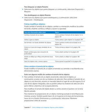 Capítulo 7    Cómo trabajar con imágenes, figuras y otros objetos	 183
Para bloquear un objeto flotante:
Seleccione los objetos que quiere bloquear y, a continuación, seleccione Disposición mm
Bloquear.
Para desbloquear un objeto flotante:
Seleccione los objetos que quiere desbloquear y, a continuación, seleccionemm
Disposición  Desbloquear.
Cómo modificar objetos
Puede cambiar el tamaño de los objetos, cambiar su orientación, modificar los estilos
de borde, añadirles sombras y reflejos y ajustar su opacidad.
Para más información sobre cómo Vaya a
Cambiar el tamaño de un objeto “Cómo cambiar el tamaño de los objetos” en la
página 183
Voltear o girar un objeto “Cómo voltear y girar objetos” en la página 184
Dar formato a un borde alrededor de objetos “Cómo cambiar el estilo de los bordes” en la
página 185
Colocar un marco de imagen alrededor de un
objeto
“Cómo enmarcar objetos” en la página 186
Añadir sombras para crear sensación de
profundidad
“Cómo añadir sombras” en la página 187
Añadir un reflejo que refleja verticalmente hacia
abajo
“Cómo añadir un reflejo” en la página 188
Hacer los objetos más o menos opacos “Cómo ajustar la opacidad” en la página 189
Cómo cambiar el tamaño de los objetos
Puede modificar el tamaño de un objeto arrastrado sus controles o escribiendo unas
dimensiones exactas.
Estos son algunos modos de cambiar el tamaño de los objetos:
Para cambiar el tamaño de un objeto arrastrando, seleccione el objeto y, amm
continuación, arrastre uno de sus tiradores de selección. Para cambiar el tamaño de un
objeto en una dirección, arrastre un marcador lateral en lugar de uno de esquina. En el
caso de los objetos integrados, solo se pueden utilizar los tiradores de selección de la
parte inferior y derecha o de la esquina derecha.
Para modificar el tamaño del objeto desde su centro, arrastre el puntero con la tecla
Opción pulsada.
Para mantener las proporciones de un objeto, mantenga pulsada la tecla Mayúsculas
mientras arrastra. También puede hacer clic en Inspector en la barra de herramientas,
hacer clic en el botón Dimensiones y, a continuación, seleccionar“Mantener
proporciones”antes de arrastrar.
 