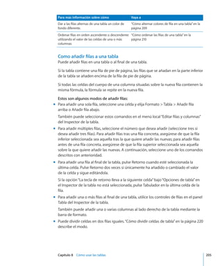 Capítulo 8    Cómo usar las tablas	 205
Para más información sobre cómo Vaya a
Dar a las filas alternas de una tabla un color de
fondo diferente.
“Cómo alternar colores de fila en una tabla” en la
página 209
Ordenar filas en orden ascendente o descendente
utilizando el valor de las celdas de una o más
columnas
“Cómo ordenar las filas de una tabla” en la
página 210
Como añadir filas a una tabla
Puede añadir filas en una tabla o al final de una tabla.
Si la tabla contiene una fila de pie de página, las filas que se añadan en la parte inferior
de la tabla se añaden encima de la fila de pie de página.
Si todas las celdas del cuerpo de una columna situadas sobre la nueva fila contienen la
misma fórmula, la fórmula se repite en la nueva fila.
Estos son algunos modos de añadir filas:
Para añadir una sola fila, seleccione una celda y elija Formato  Tabla  Añadir filamm
arriba o Añadir fila abajo.
También puede seleccionar estos comandos en el menú local“Editar filas y columnas”
del Inspector de la tabla.
Para añadir múltiples filas, seleccione el número que desea añadir (seleccione tres simm
desea añadir tres filas). Para añadir filas tras una fila concreta, asegúrese de que la fila
inferior seleccionada sea aquella tras la que quiere añadir las nuevas; para añadir filas
antes de una fila concreta, asegúrese de que la fila superior seleccionada sea aquella
sobre la que quiere añadir las nuevas. A continuación, seleccione uno de los comandos
descritos con anterioridad.
Para añadir una fila al final de la tabla, pulse Retorno cuando esté seleccionada lamm
última celda. Pulse Retorno dos veces si únicamente ha añadido o cambiado el valor
de la celda y sigue editándola.
Si la opción“La tecla de retorno lleva a la siguiente celda”bajo“Opciones de tabla”en
el Inspector de la tabla no está seleccionada, pulse Tabulador en la última celda de la
fila.
Para añadir una o más filas al final de una tabla, utilice los controles de filas en el panelmm
Tabla del Inspector de la tabla.
También puede añadir una o varias columnas al lado derecho de la tabla mediante la
barra de formato.
Puede dividir celdas en dos filas iguales.“mm Cómo dividir celdas de tabla” en la página 220
describe el modo.
 