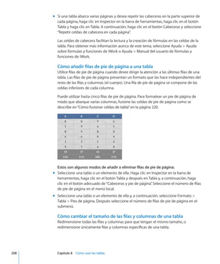 Si una tabla abarca varias páginas y desea repetir las cabeceras en la parte superior demm
cada página, haga clic en Inspector en la barra de herramientas, haga clic en el botón
Tabla y haga clic en Tabla. A continuación, haga clic en el botón Cabeceras y seleccione
“Repetir celdas de cabecera en cada página”.
Las celdas de cabecera facilitan la lectura y la creación de fórmulas en las celdas de la
tabla. Para obtener más información acerca de este tema, seleccione Ayuda  Ayuda
sobre fórmulas y funciones de iWork o Ayuda  Manual del usuario de fórmulas y
funciones de iWork.
Cómo añadir filas de pie de página a una tabla
Utilice filas de pie de página cuando desee dirigir la atención a las últimas filas de una
tabla. Las filas de pie de página presentan un formato que las hace independientes del
resto de las filas y columnas (el cuerpo). Una fila de pie de página se compone de las
celdas inferiores de cada columna.
Puede utilizar hasta cinco filas de pie de página. Para formatear un pie de página de
modo que abarque varias columnas, fusione las celdas de pie de página como se
describe en“Cómo fusionar celdas de tabla” en la página 220.
Estos son algunos modos de añadir o eliminar filas de pie de página:
Seleccione una tabla o un elemento de ella. Haga clic en Inspector en la barra demm
herramientas, haga clic en el botón Tabla y después en Tabla y, a continuación, haga
clic en el botón adecuado de“Cabeceras y pie de página”. Seleccione el número de filas
de pie de página en el menú local.
Seleccione una tabla o un elemento de ella y, a continuación, seleccione Formato mm
Tabla  Pies de página. Después seleccione el número de filas de pie de página en el
submenú.
Cómo cambiar el tamaño de las filas y columnas de una tabla
Redimensione todas las filas y columnas para que tengan el mismo tamaño, o
redimensione únicamente filas y columnas específicas de una tabla.
	 208		 Capítulo 8    Cómo usar las tablas
 
